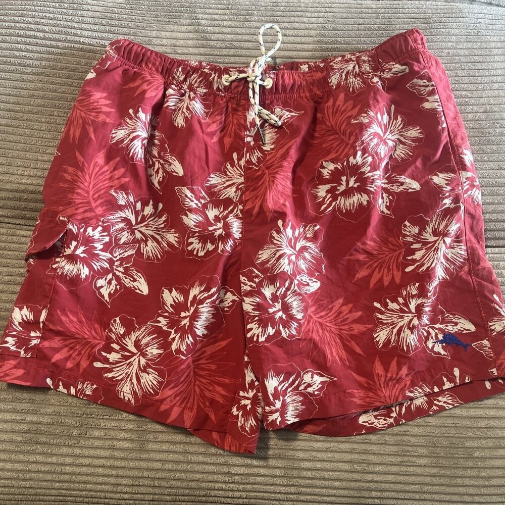 Tommy Bahama Naples Oasis Blooms Cherry Red tropical swim trunks Large UPF30